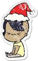 hand drawn distressed sticker cartoon of a annoyed hipster girl wearing santa hat png