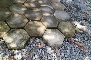 outdoor concrete paving floor with a hexagon shape, filled with moss, with a little gravel beside it photo