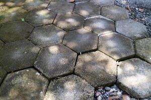 outdoor concrete paving floor with a hexagon shape, filled with moss, with a little gravel beside it photo