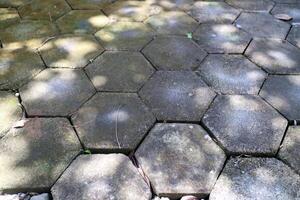 outdoor concrete paving floor with a hexagon shape, filled with moss, with a little gravel beside it photo