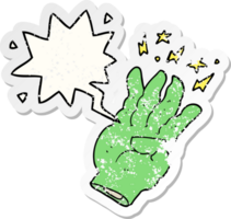 cartoon spooky magic hand with speech bubble distressed distressed old sticker png