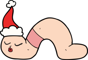 hand- getrokken lijn tekening van een worm vervelend de kerstman hoed png