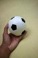 a hand holding a small white and black toy rubber ball photo