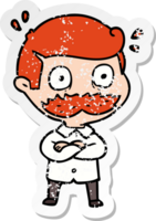 distressed sticker of a cartoon man with mustache shocked png