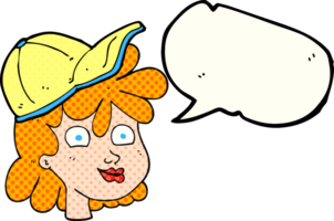 hand drawn comic book speech bubble cartoon woman wearing cap png