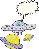 hand drawn comic book speech bubble cartoon flying saucer in space png