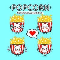 Funny cute happy Popcorn characters bundle set. Hand drawn doodle style cartoon character illustration. Isolated on blue background. Popcorn mascot character collection vector