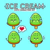 Funny cute happy Ice cream characters bundle set. hand drawn doodle style cartoon character illustration. Isolated on blue background. Ice cream sundae mascot character collection vector