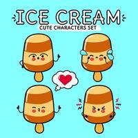 Funny cute happy Ice cream characters bundle set. Hand drawn doodle style cartoon character illustration. Isolated on blue background. Ice cream sundae mascot character collection vector