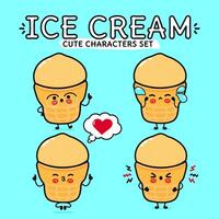 Funny cute happy Ice cream characters bundle set. Hand drawn doodle style cartoon character illustration. Isolated on blue background. Ice cream sundae mascot character collection vector