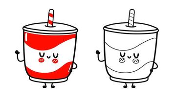 Funny cute happy Cold drink characters bundle set. Hand drawn cartoon kawaii character illustration icon. Cute Cold drink. Outline cartoon illustration for coloring book vector