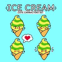 Funny cute happy Ice cream characters bundle set. Hand drawn doodle style cartoon character illustration. Isolated on blue background. Ice cream sundae mascot character collection vector