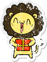 bedrövad klistermärke av ett lyckligt tecknat lejon png