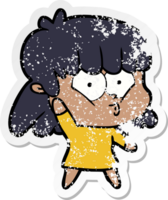 distressed sticker of a cartoon whistling girl png