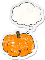 cartoon pumpkin with thought bubble as a distressed worn sticker png