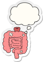 cartoon repaired intestines with thought bubble as a printed sticker png