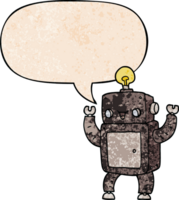 cartoon happy robot with speech bubble in retro texture style png
