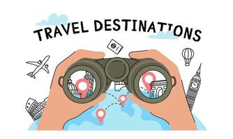 Travel Destinations. A view through binoculars of various sights and travel destination options. banner, doodle illustration vector