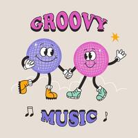 Funny cartoon disco ball characters dancing. Comic elements in trendy retro groove style. illustration vector