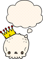 cartoon skull with crown with thought bubble in comic book style png