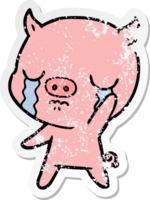 distressed sticker of a cartoon pig crying waving goodbye png