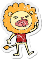 distressed sticker of a cartoon lion giving peac sign png