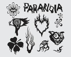 Hardcore paranoia element stamp clip art collection set brutalism poster acid t shirt design ink tattoo sticker editable vector