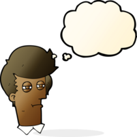 cartoon man with narrowed eyes with thought bubble png