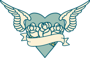 ikonisches Tattoo-Stil-Bild des Herzens mit Flügeln, Blumen und Banner png
