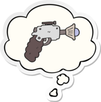 tecknad serie stråle pistol med trodde bubbla som en tryckt klistermärke png