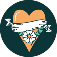 image emblématique de style tatouage d'une fleur de coeur et d'une bannière png