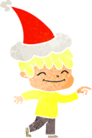 hand- getrokken retro tekenfilm van een gelukkig jongen vervelend de kerstman hoed png