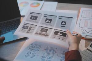 UX UI design process for modish mobile application and website . Creative prototype of wireframe for professional app developer . photo