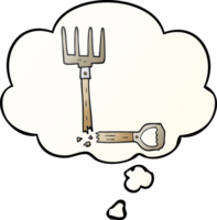 cartoon broken pitchfork with thought bubble in smooth gradient style png