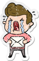 distressed sticker of a cartoon crying man png