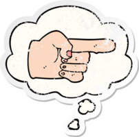 cartoon pointing hand with thought bubble as a distressed worn sticker png