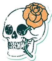 iconic distressed sticker tattoo style image of a skull and rose png