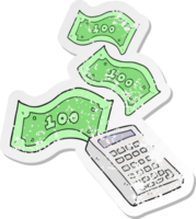 retro distressed sticker of a cartoon calculator counting money png