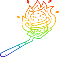 arco iris degradado línea dibujo de un dibujos animados llameante hamburguesa en espátula png