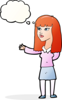 dessin animé femme gesticulant pour montrer quelque chose avec bulle de pensée png