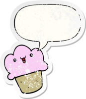 cartoon cupcake with face with speech bubble distressed distressed old sticker png