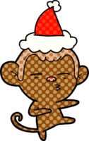 main tiré bande dessinée livre style illustration de une méfiant singe portant Père Noël chapeau png