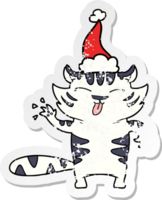 hand drawn distressed sticker cartoon of a white tiger wearing santa hat png