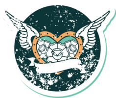 image emblématique de style tatouage autocollant en détresse d'un coeur volant avec des fleurs et une bannière png