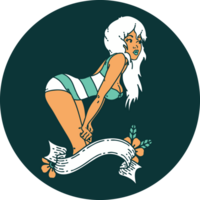 ikoniska tatuering stil bild av en utvikningsbrud flicka i simning kostym med baner png