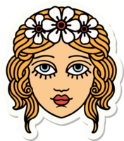 sticker of tattoo in traditional style of female face with crown of flowers png