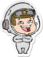 verontruste sticker van een cartoon lachende astronaut png