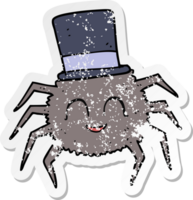 retro distressed sticker of a cartoon spider wearing top hat png