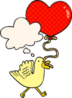 cartoon bird with heart balloon with thought bubble in comic book style png