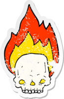 distressed sticker of a spooky cartoon flaming skull png